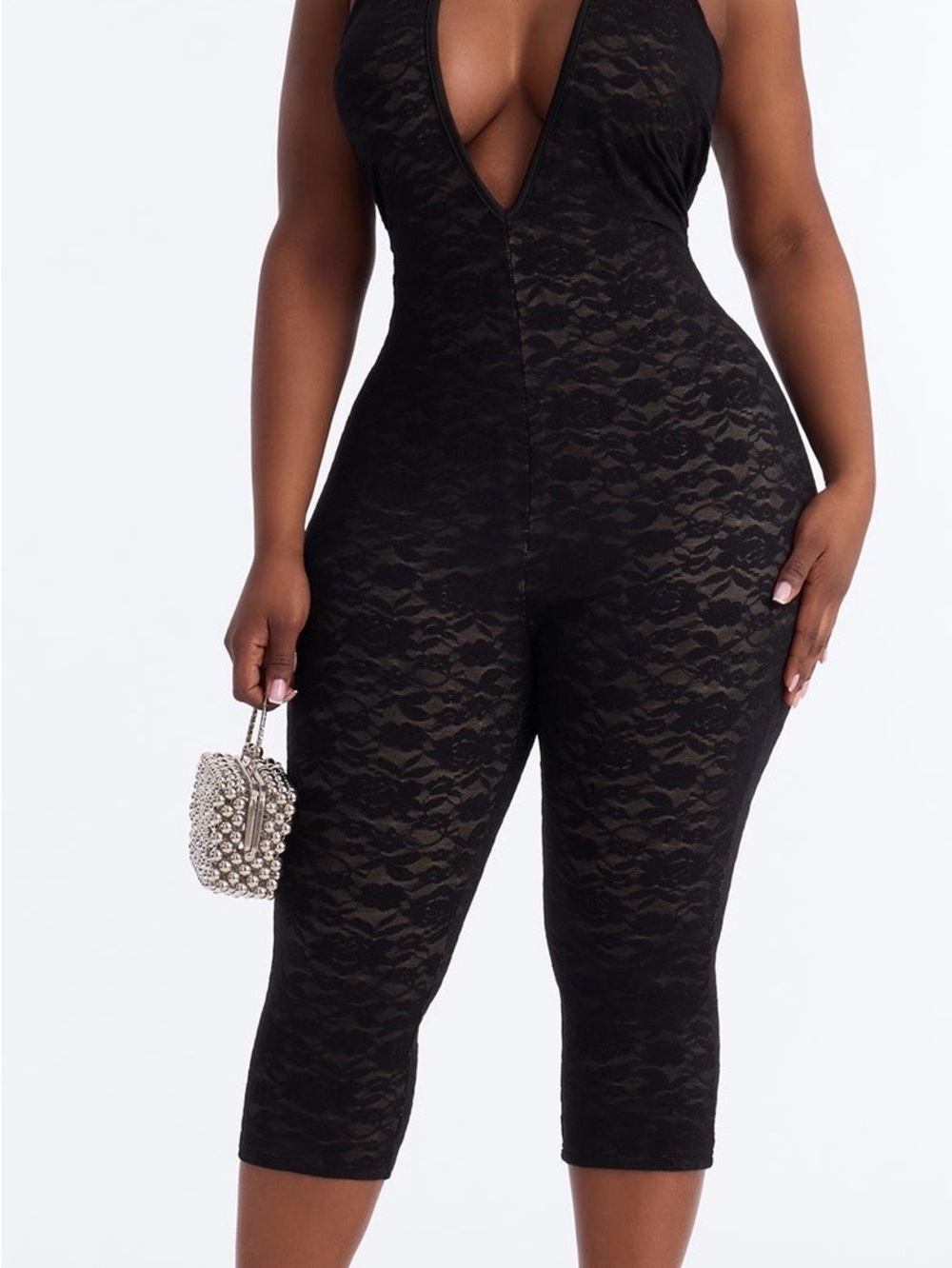 Fashion Nova Black Lace Plunge Capri Jumpsuit